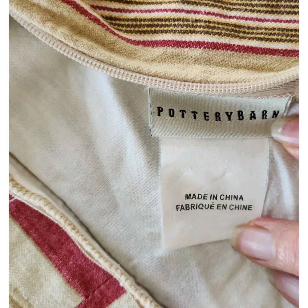 1/Pottery Barn 22X 22in Pillow Cover Red Tan Linen Blend Ticking Striped Zipper